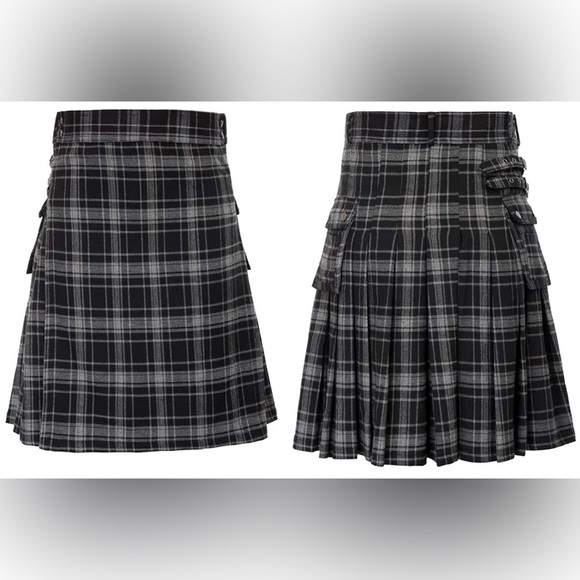 NWOT TRADITIONAL TARTAN KILT BLACK/GRAY. BELT LOOPS, SNAPS ON BOTH SIDES. - Picture 1 of 12